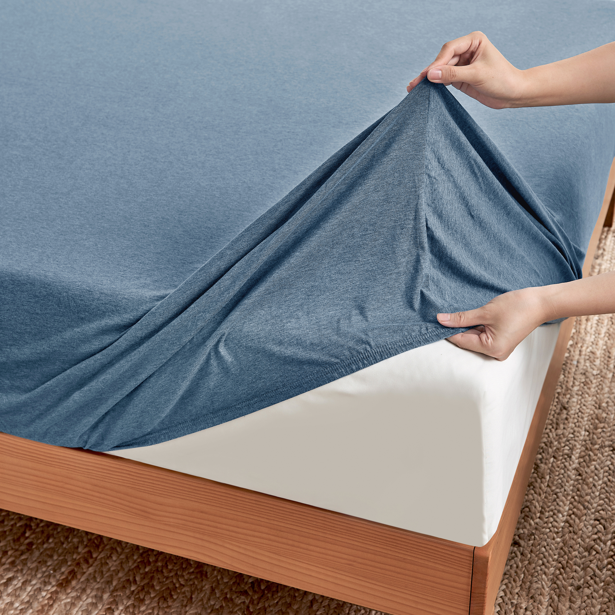 Dreamaker Jersey Luxe 100% Cotton Combo Fitted Sheet Set Denim Single Bed