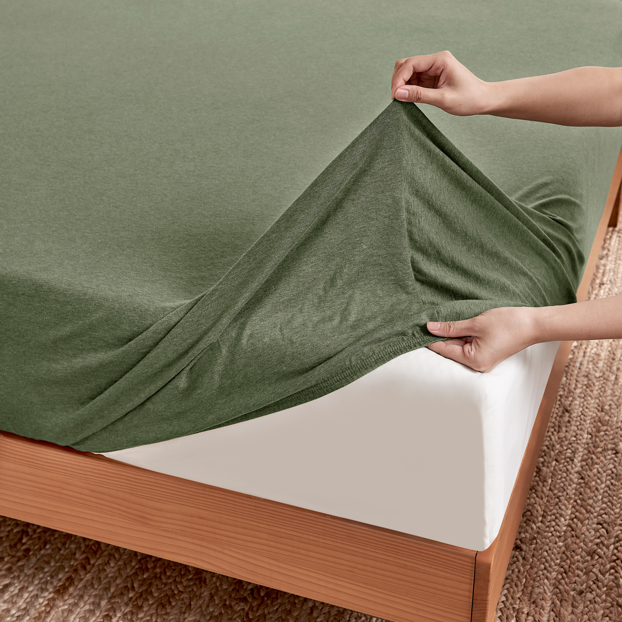 Dreamaker Jersey Luxe 100% Cotton Combo Fitted Sheet Set Olive Single Bed