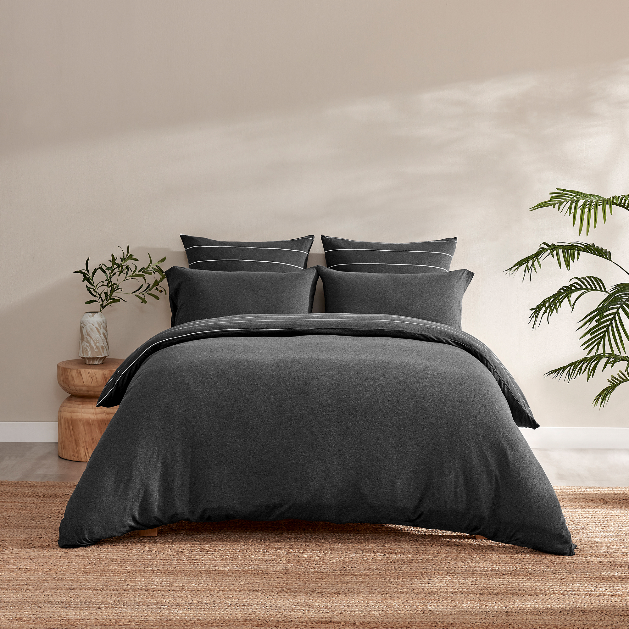 Dreamaker Jersey Luxe 100% Cotton Reversible Quilt Cover Set Charcoal Single Bed