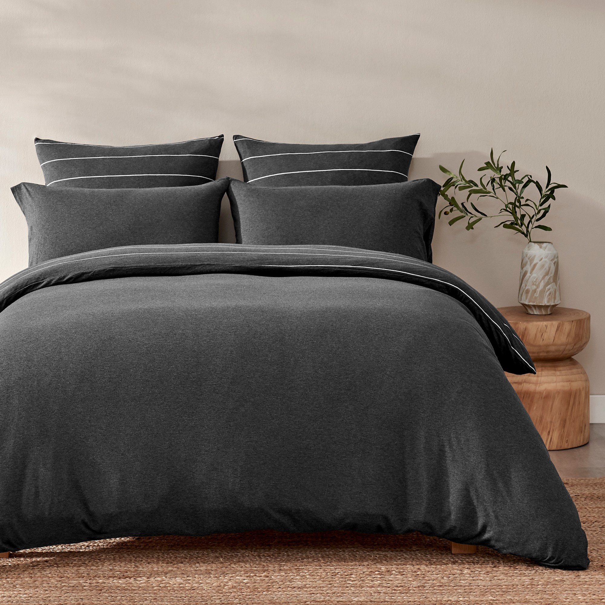Dreamaker Jersey Luxe 100% Cotton Reversible Quilt Cover Set Charcoal Single Bed