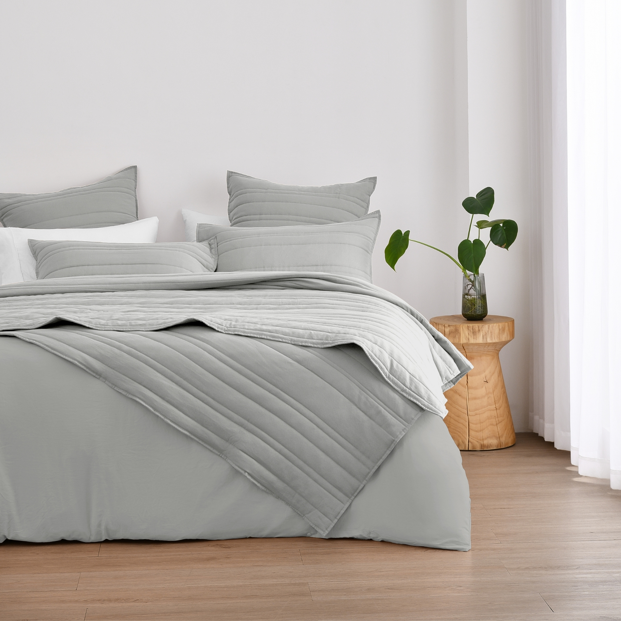 Dreamaker Superfine Washed Microfibre Stripe Quilted Coverlet Set Dove Grey Queen/King Bed