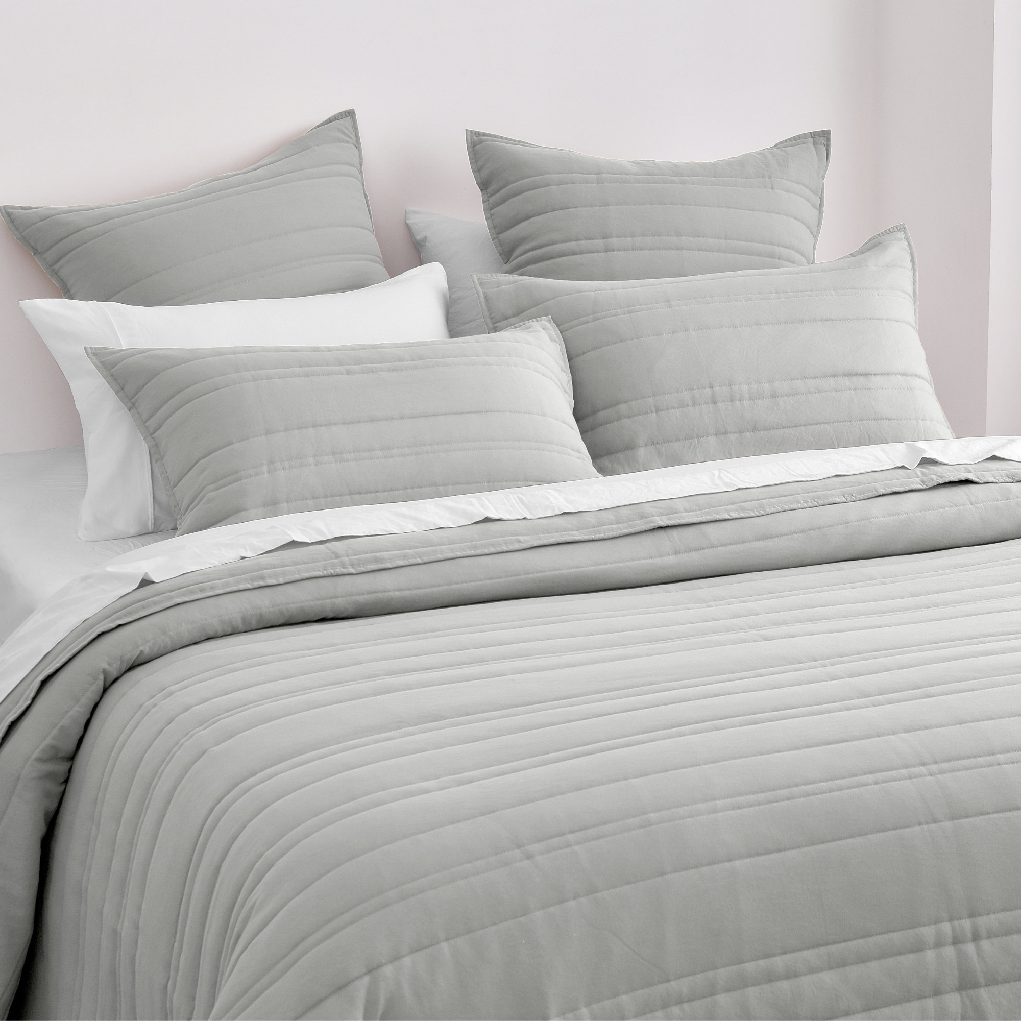 Dreamaker Superfine Washed Microfibre Stripe Quilted Coverlet Set Dove Grey Queen/King Bed
